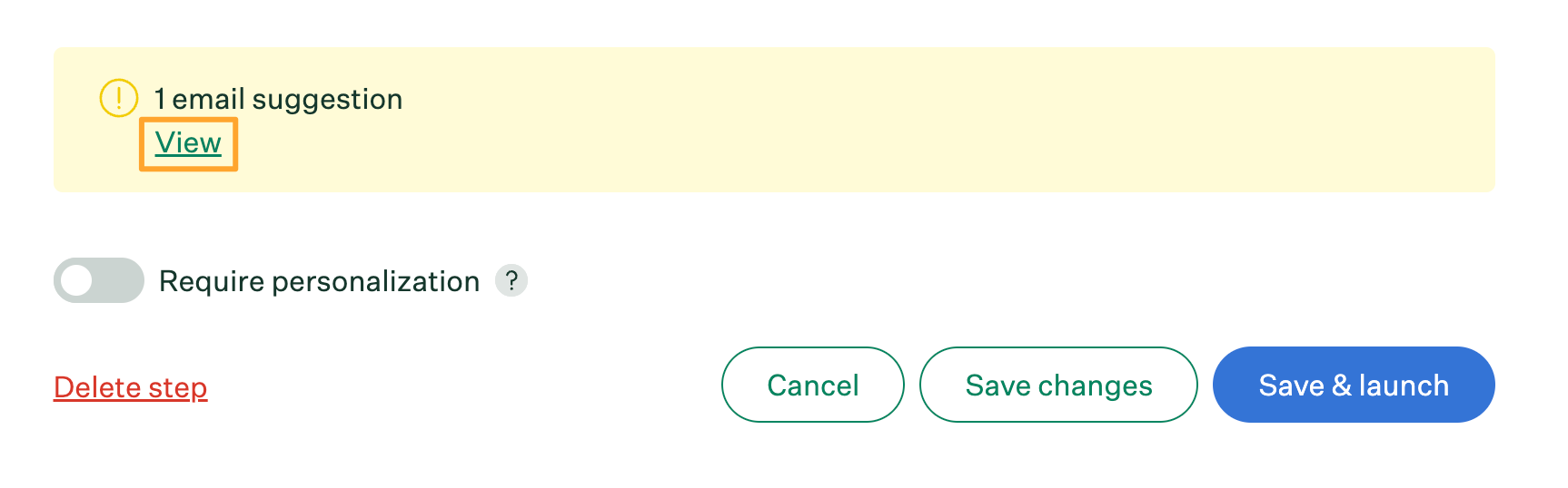 Email coach with one suggestion and view button highlighted in campaign step editor