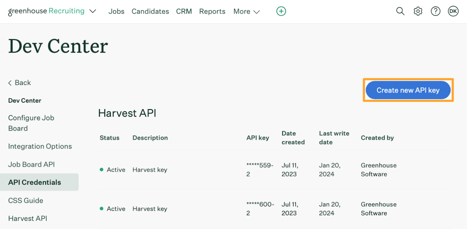 The API credential management page shows Create a new API key highlighted in marigold on the left.png