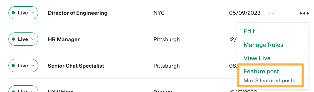 List of job posts and the three dot menu, opened to show the Feature post button