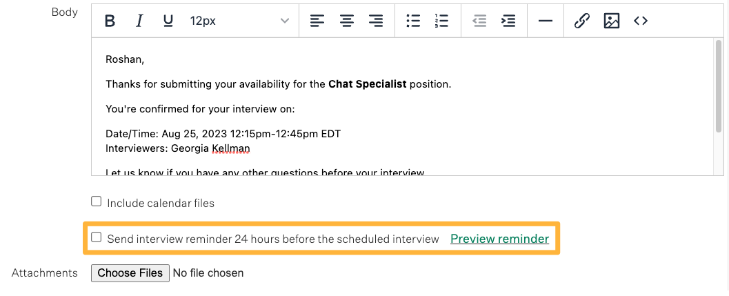 Candidate confirmation email pop up window with an orange box around the interview reminder checkbox.png