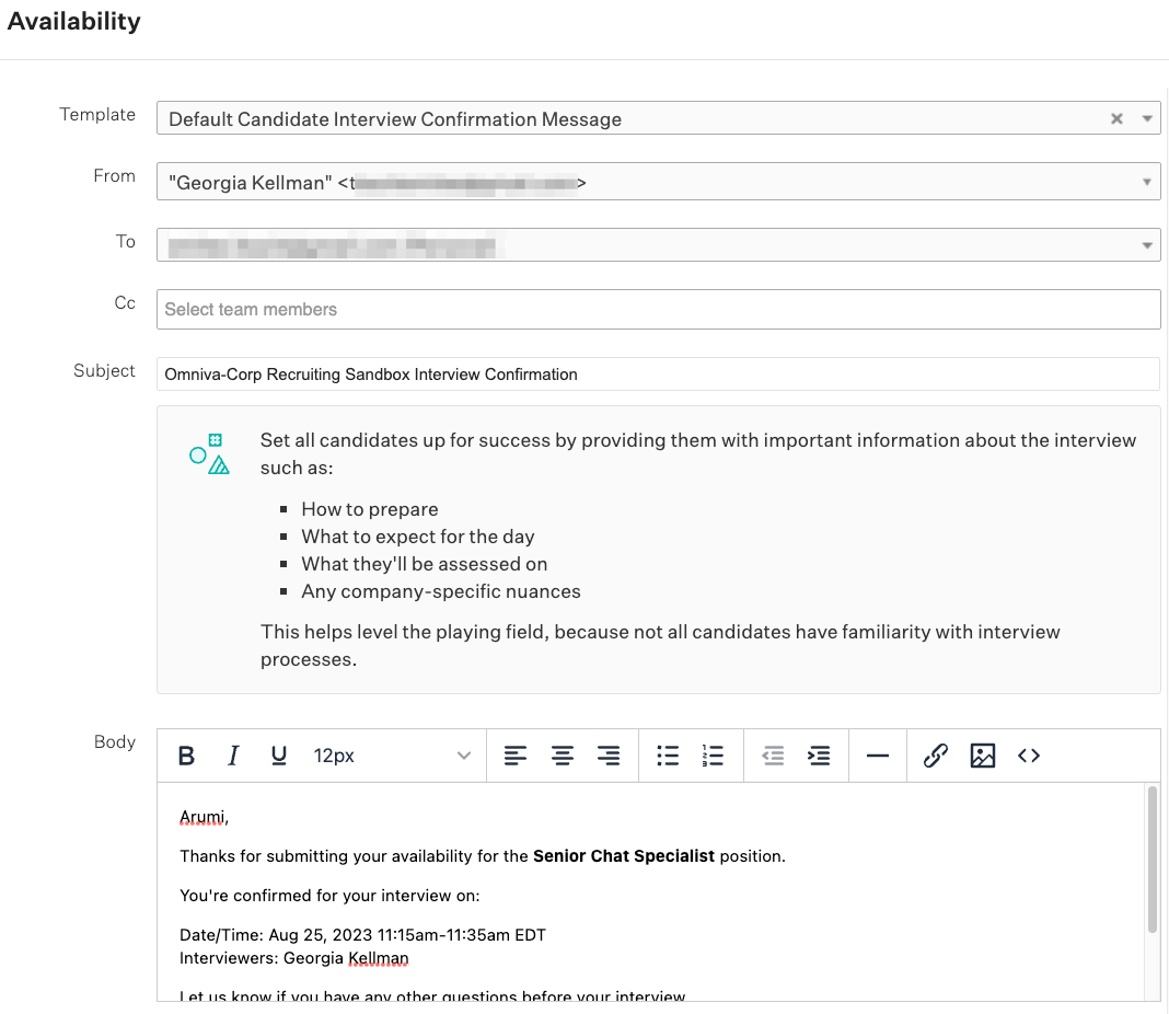 Send an interview confirmation email Greenhouse Support
