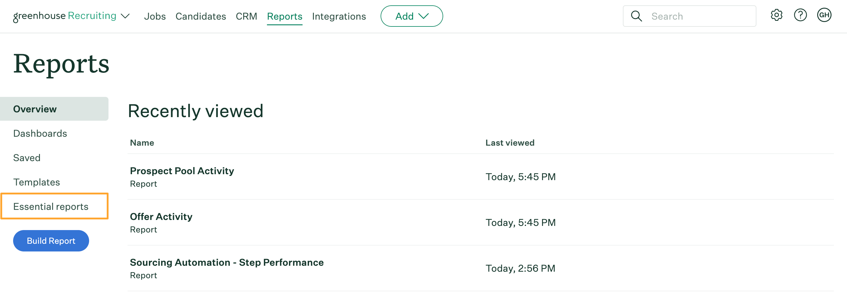 Reports page in Greenhouse Recruiting with Essential reports tab highlighted