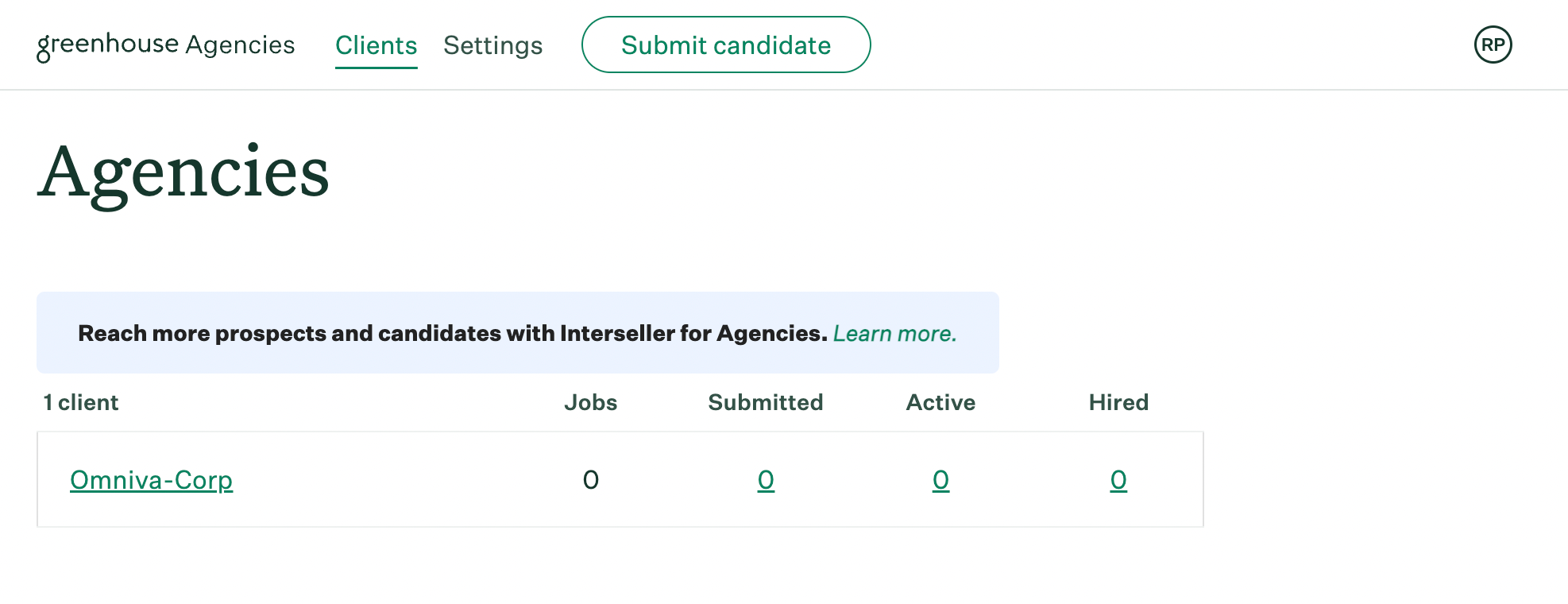 Agencies dashboard after first login for agency recruiter