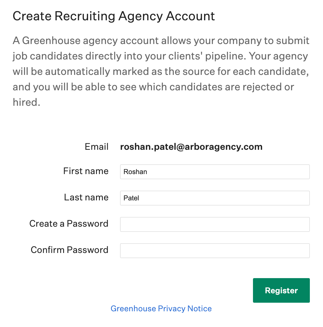 First login for newly invited agency recruiter with email and name fields filled out