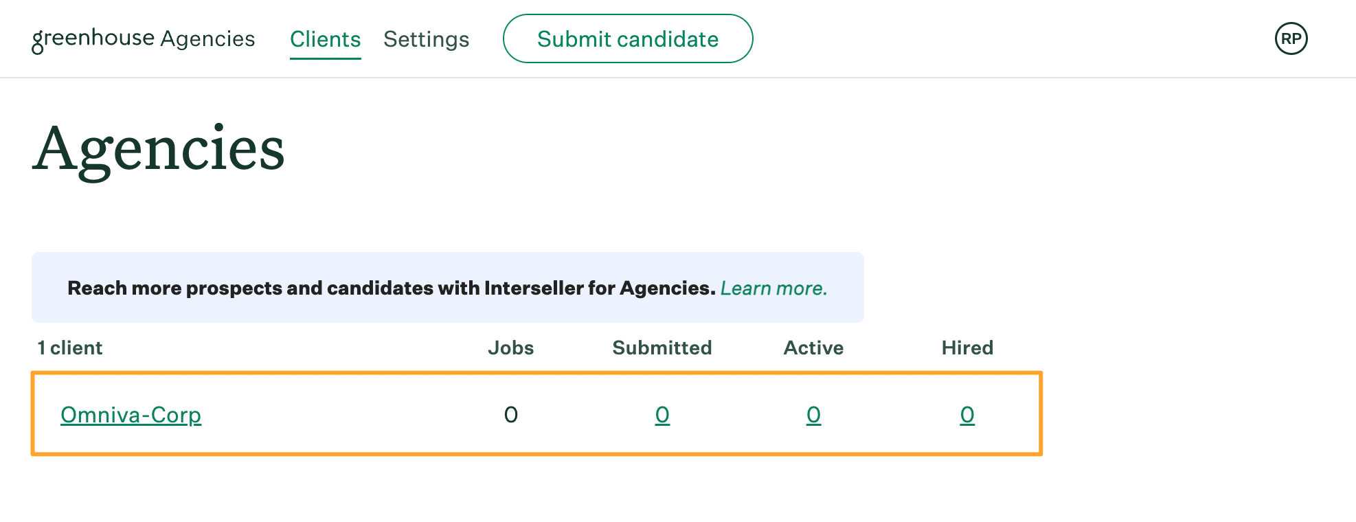 Agencies dashboard with Clients tab open and client organization listed and highlighted