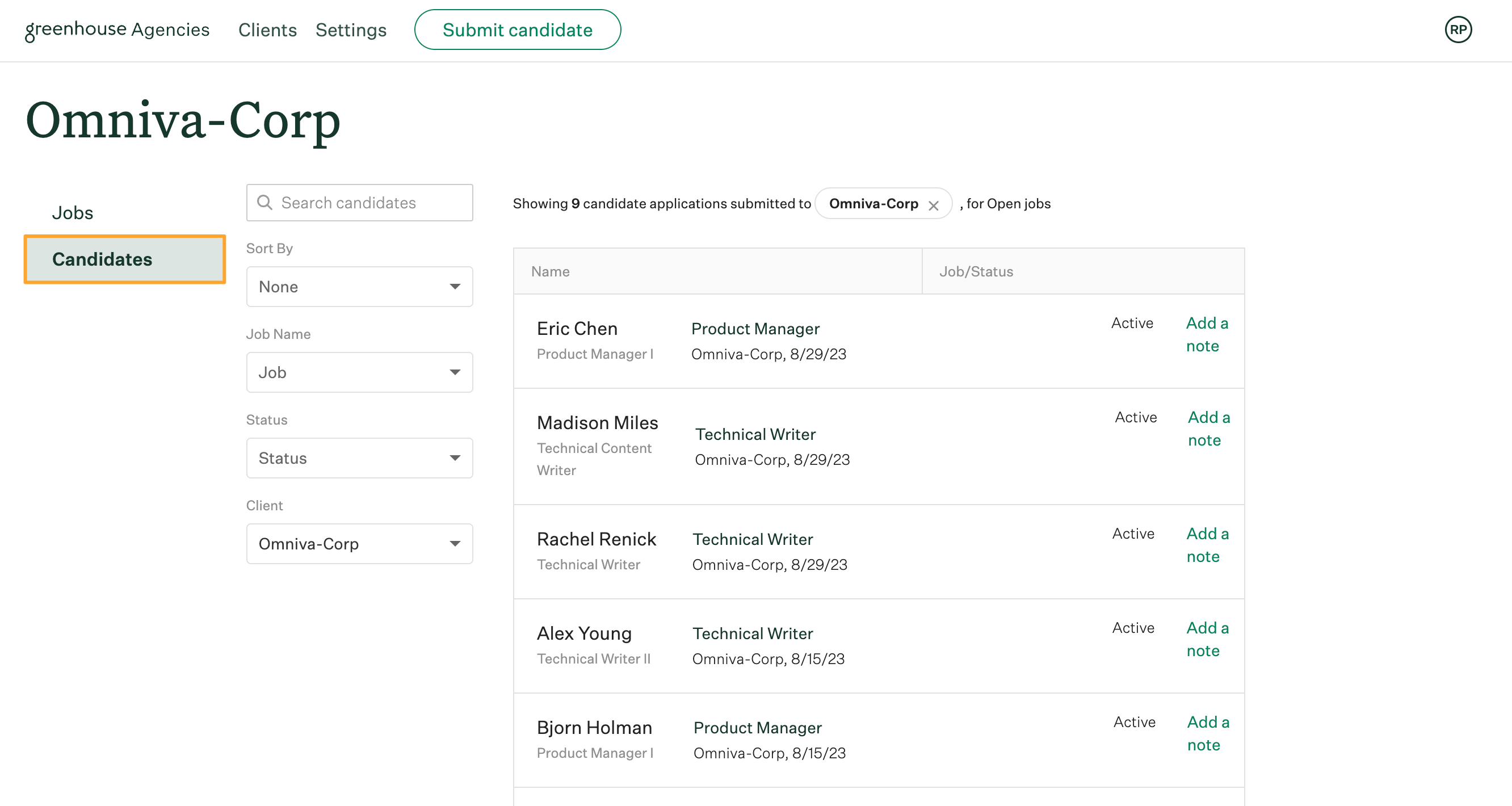 Candidates tab for client organization opened and highlighted in Agencies