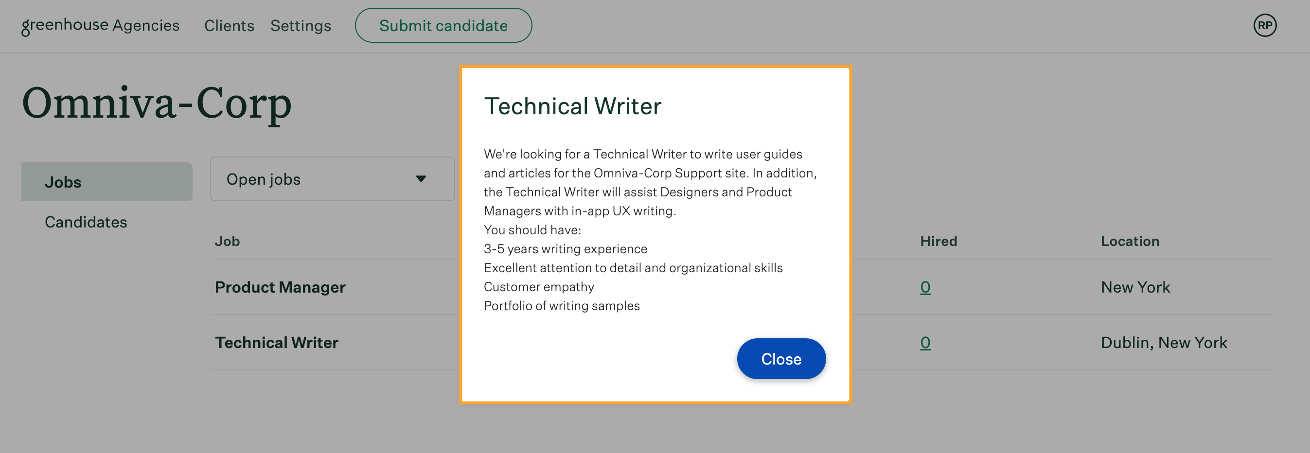 Jobs tab in Agencies with job clicked on and description window opened