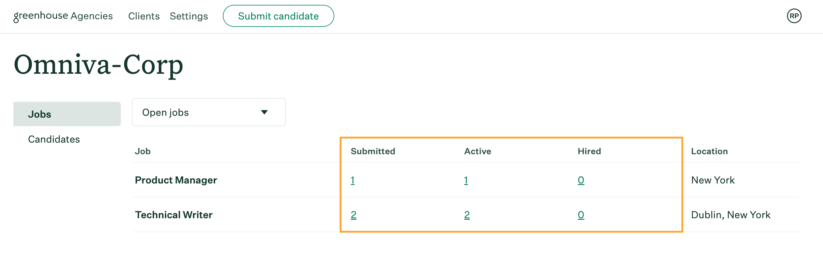 Jobs tab in Agencies with Submitted Active and Hired columns highlighted