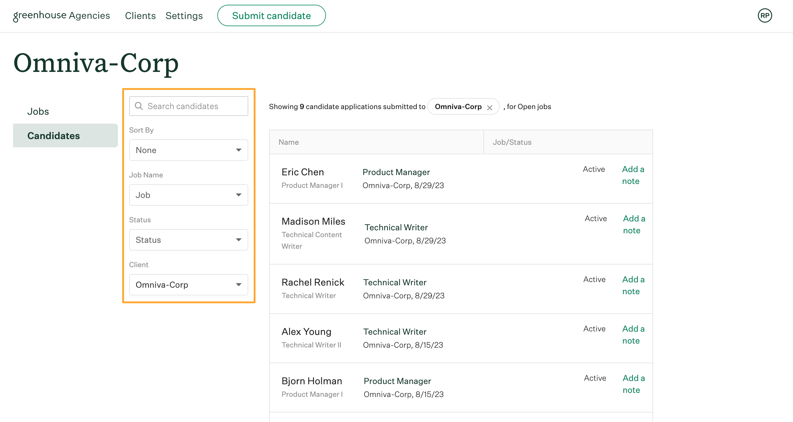 Candidates tab for client organization opened in Agencies with search and filters highlighted