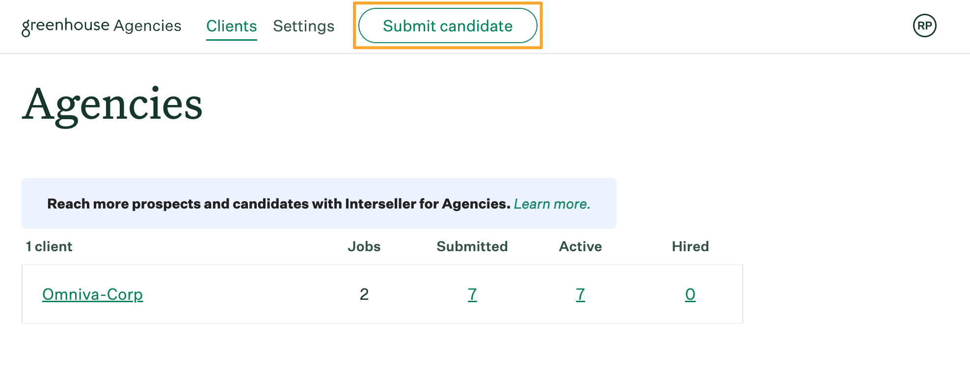 Agencies dashboard with Submit candidate button highlighted