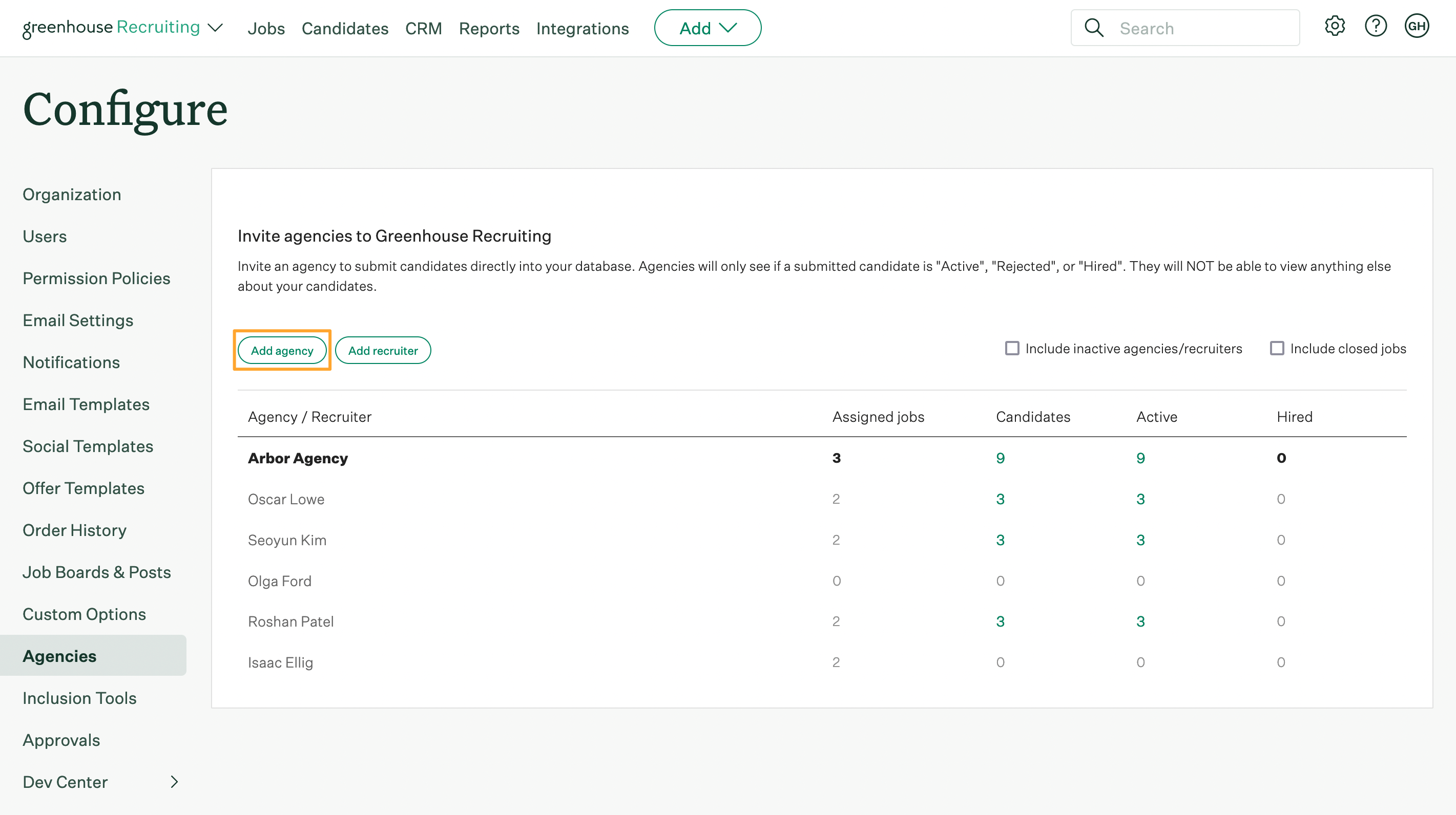 Configure page in Greenhouse Recruiting with Agencies tab opened and Add agency button highlighted