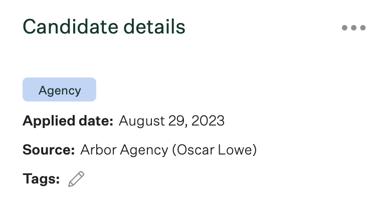 Candidate details in application review with agency submitted candidate showing Agency tag and source