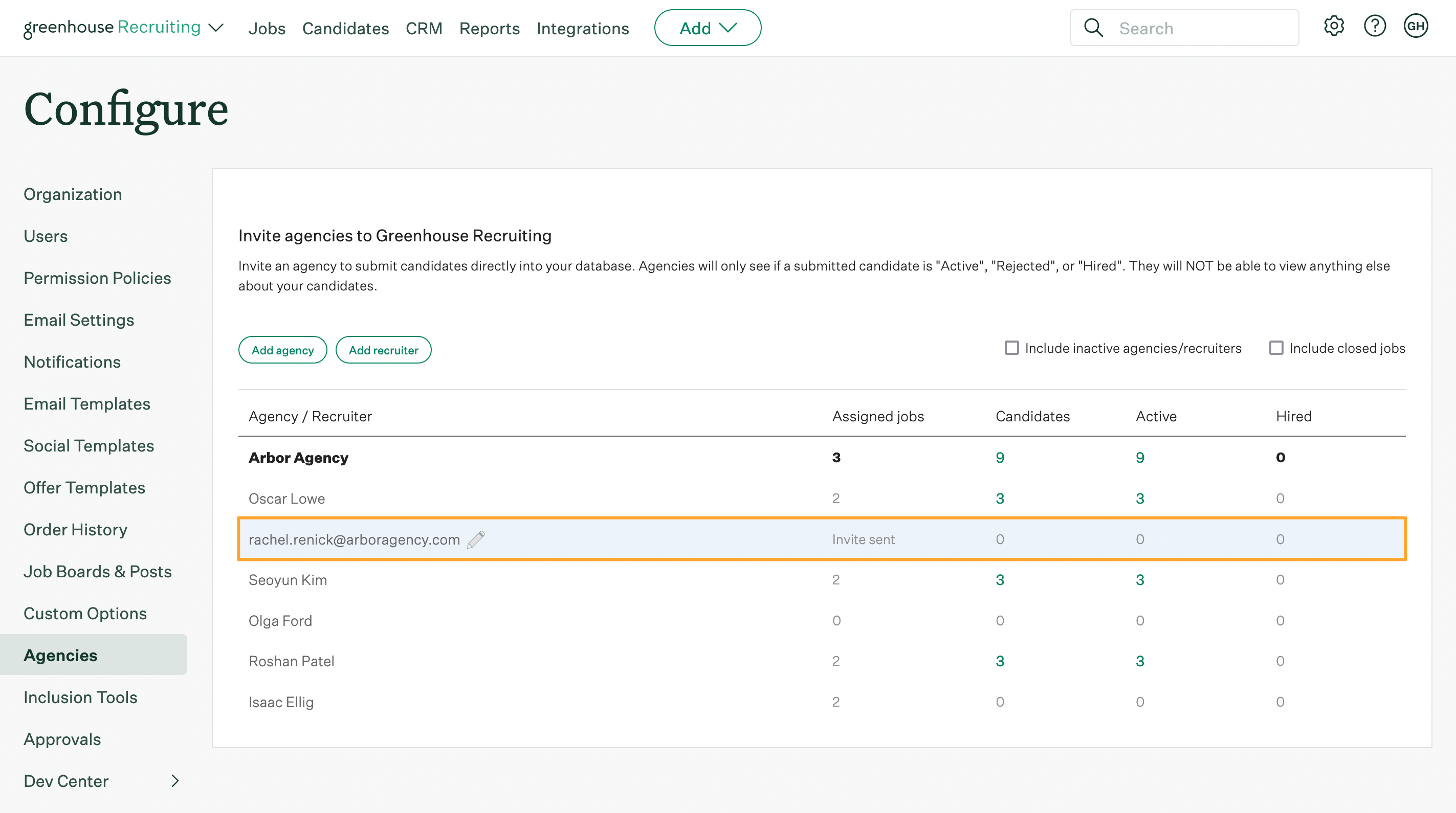 Agencies tab on Configure page with invited agency recruiter highlighted to click