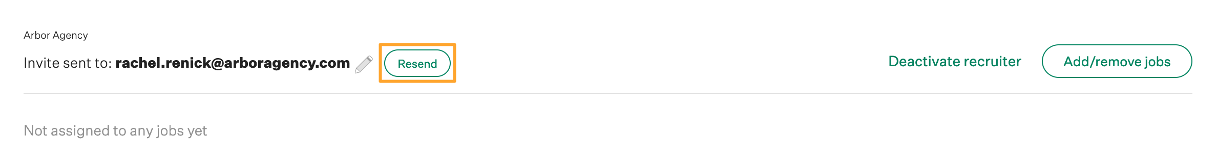 Agency recruiter profile in Greenhouse Recruiting with Resend invitation button highlighted