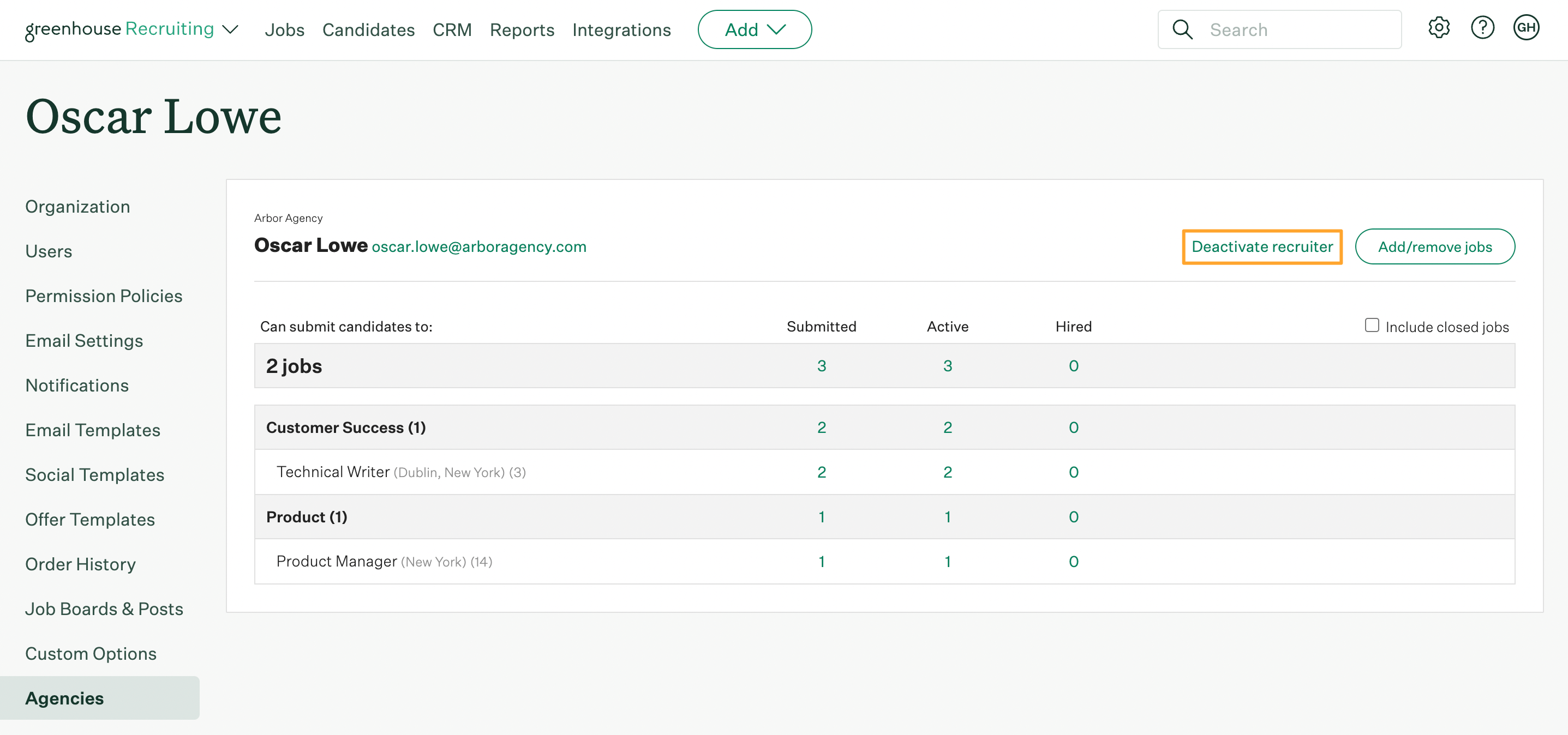 Agency recruiter profile in Greenhouse Recruiting with Deactivate recruiter button highlighted