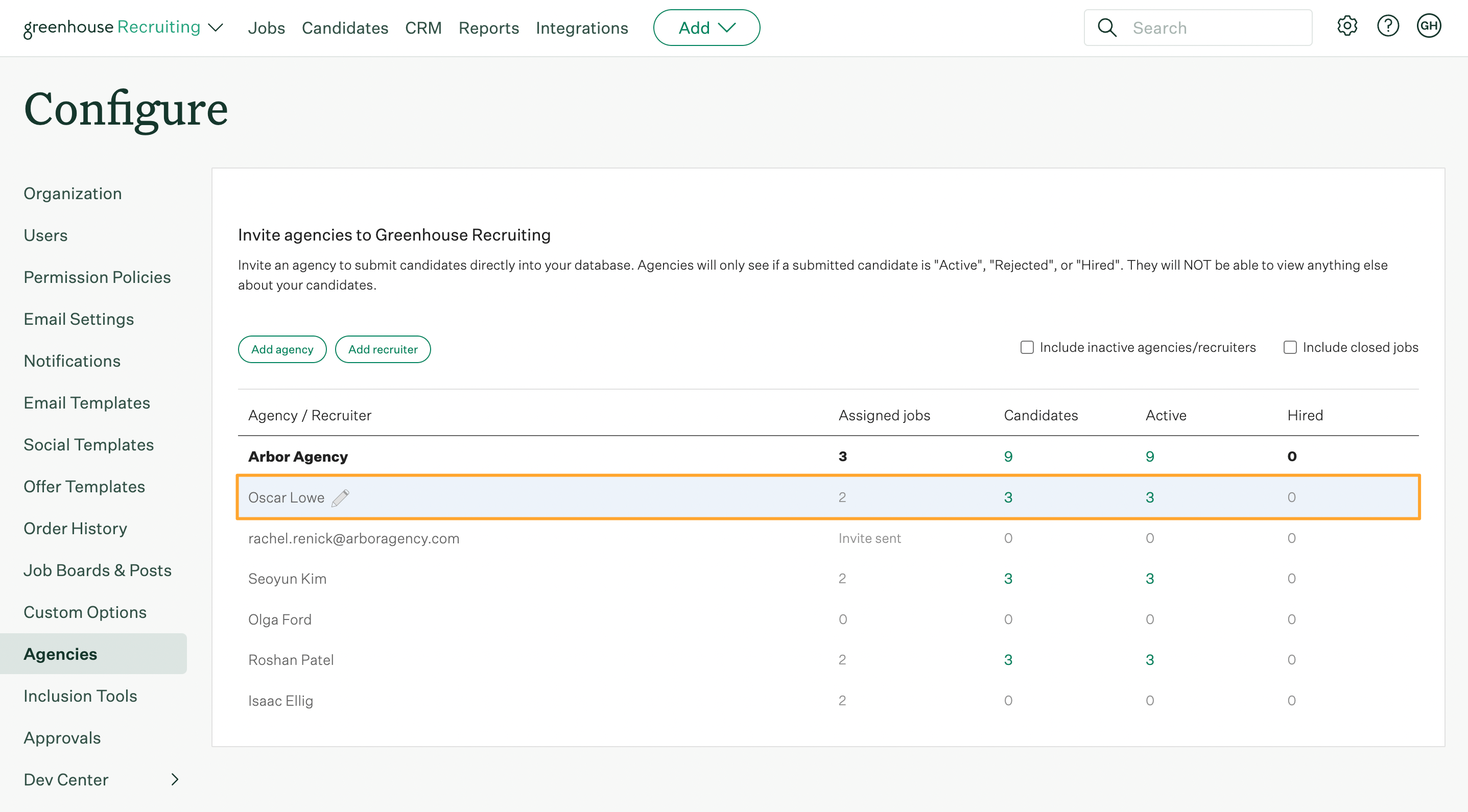 Configure page with Agencies tab opened and agency recruiter row highlighted to click