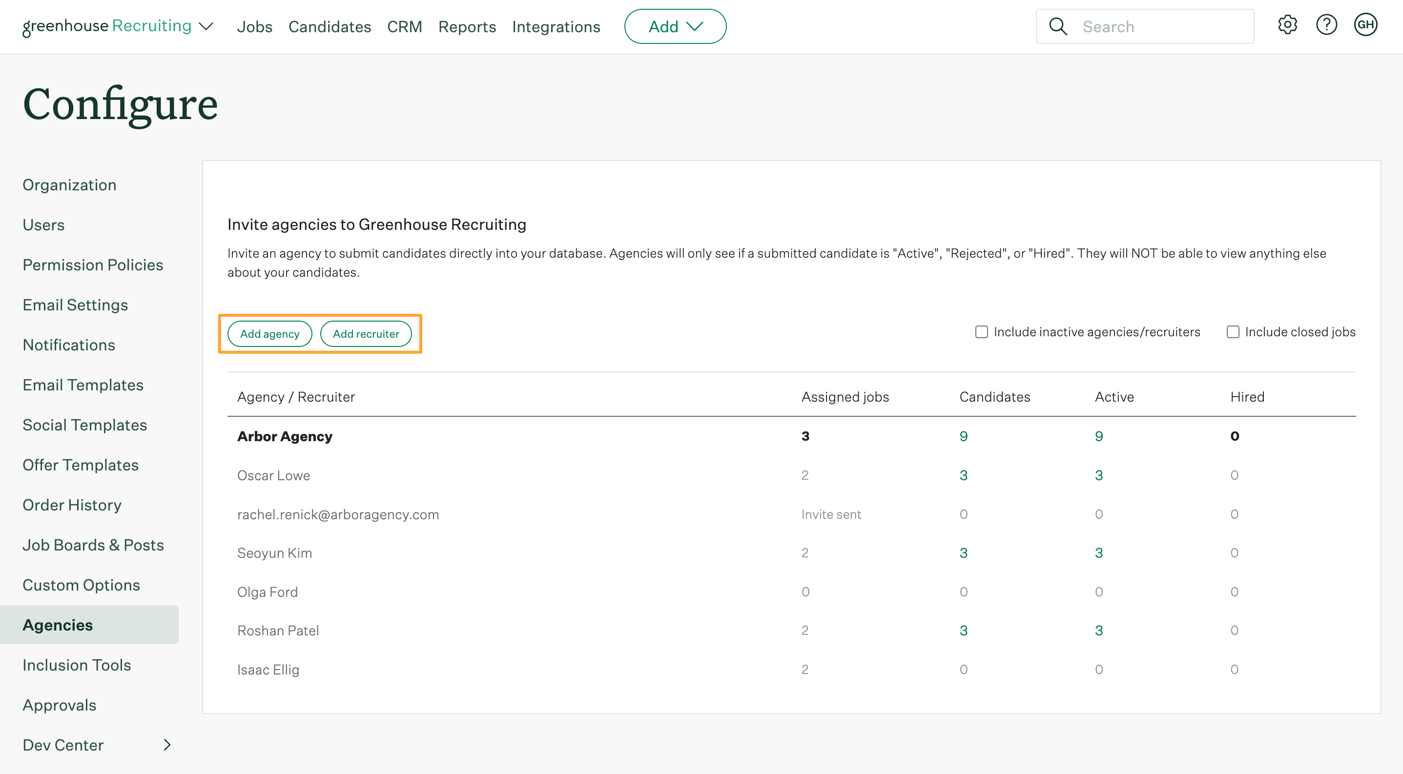 Configure page with Agencies tab opened and Add agency and Add recruiter buttons highlighted