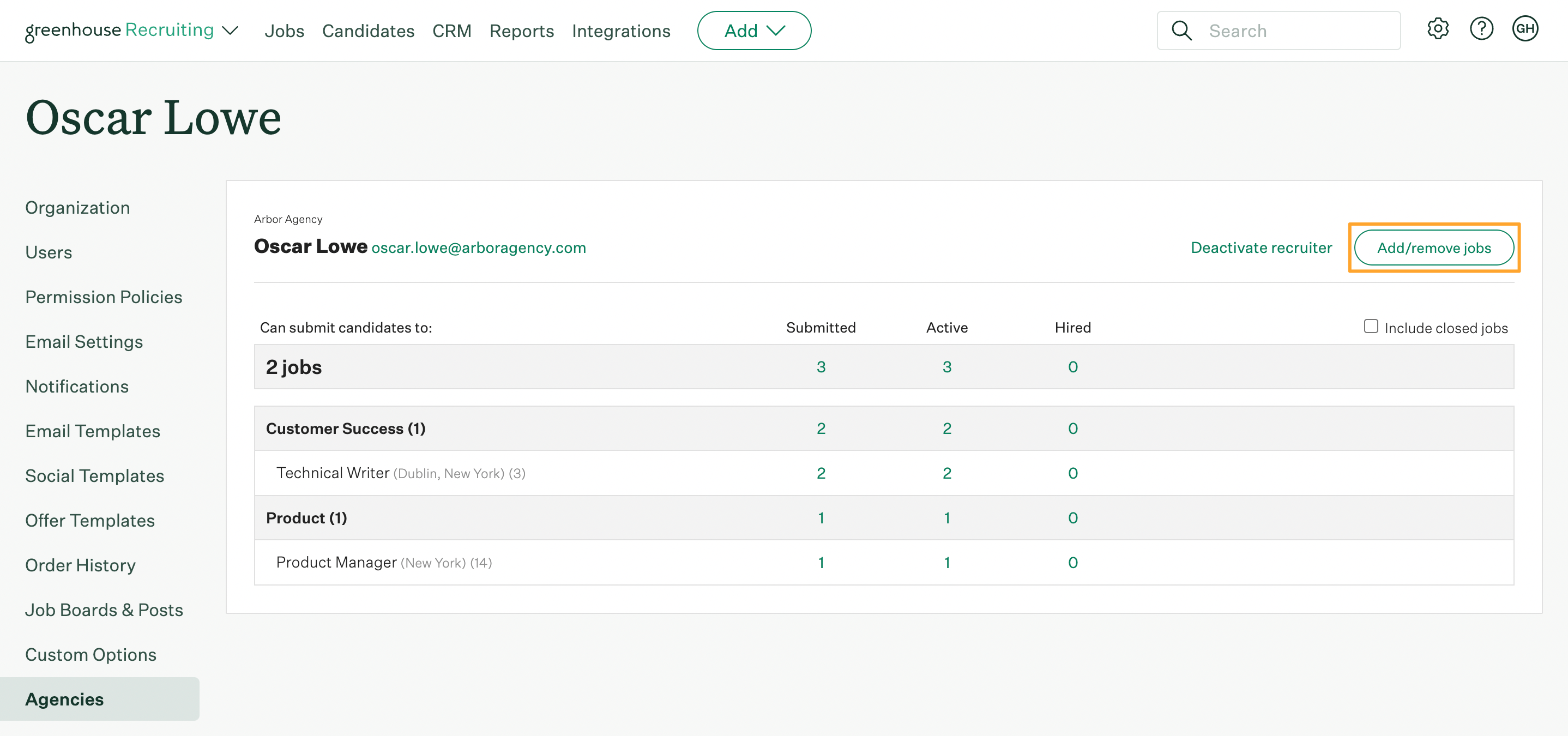 Agency recruiter profile in Greenhouse Recruiting with Add Remove Jobs button highlighted