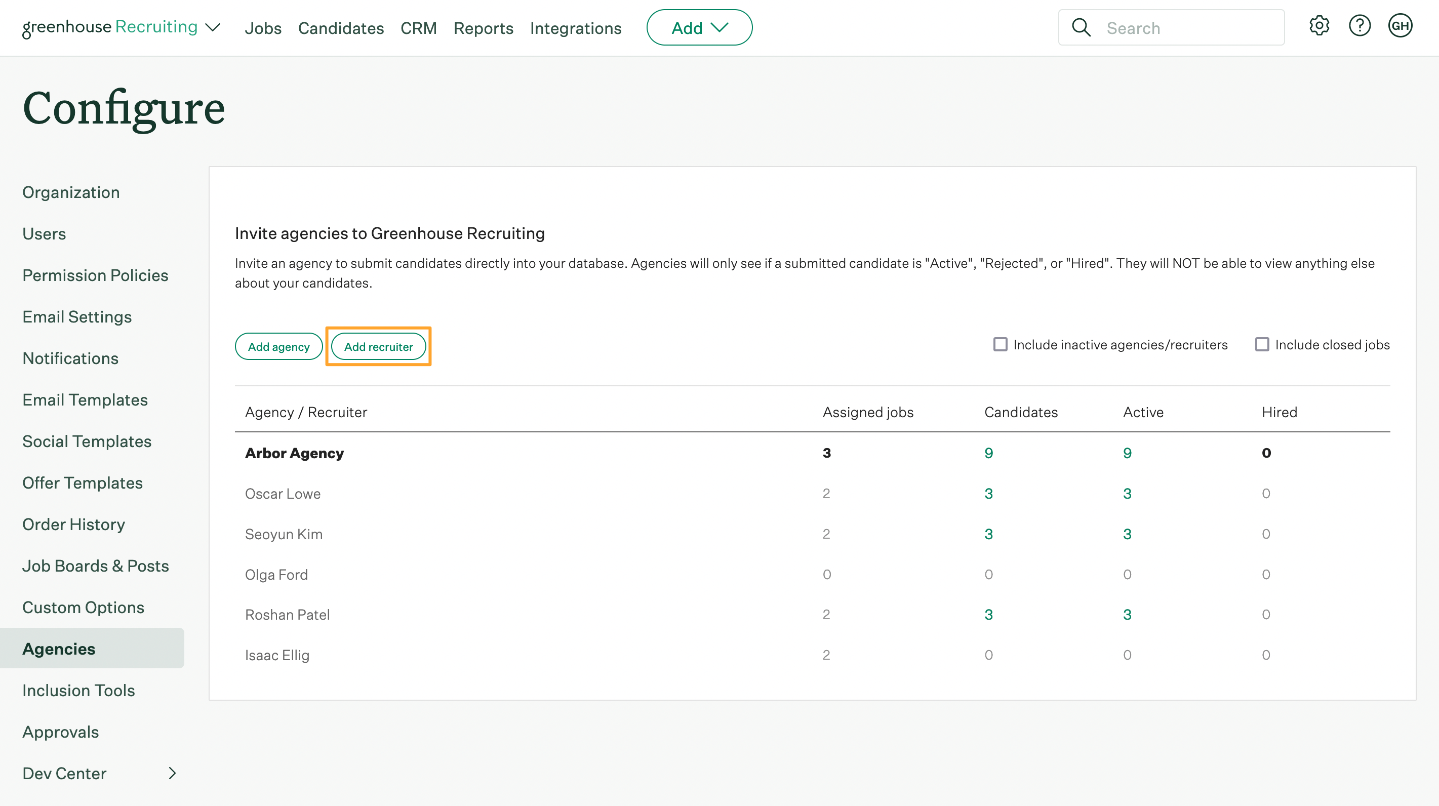 Configure page in Greenhouse Recruiting with Agencies tab opened and Add recruiter button highlighted