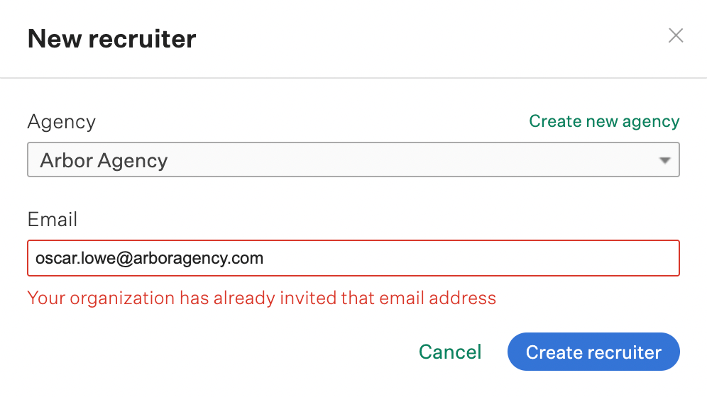 New recruiter window with error for email that already exists