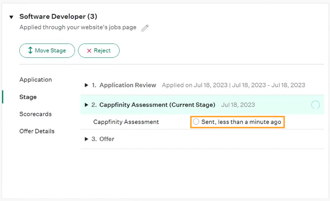 The Cappfinity test status is shown on the Cappfinity stage on a candidate's profile