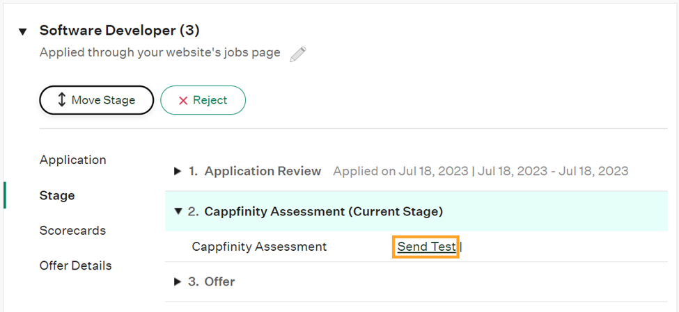 The Send Test button is highlighted on the Cappfinity stage on a candidate's profile