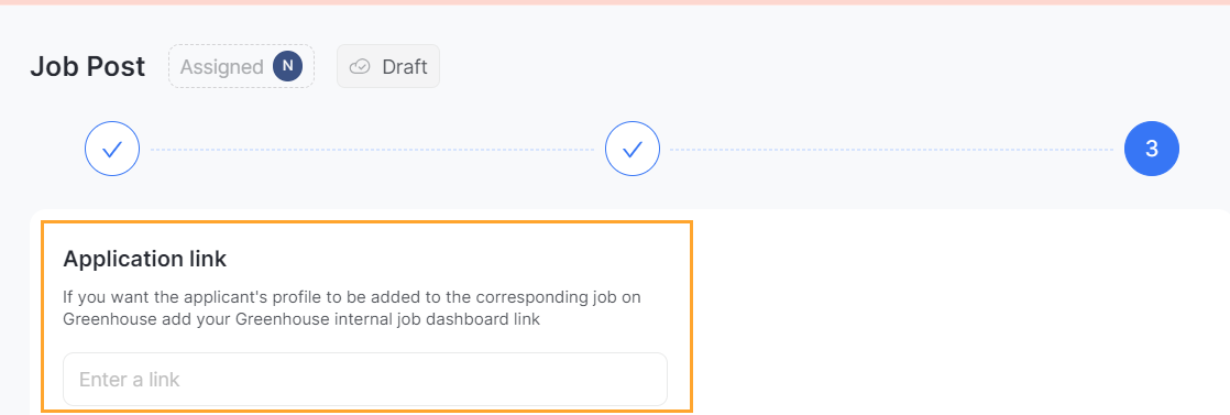 The HR Drone platform shows the Publish button highlighted and the Application field highlighted for a Greenhouse Recruiting job dashboard URL