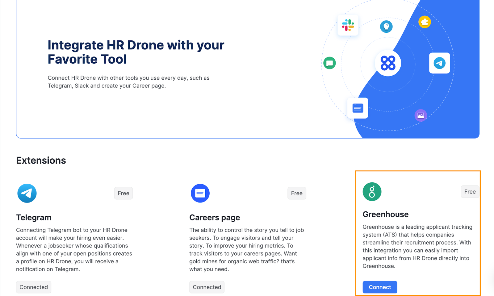The HR Drone platform shows Connect beside the Greenhouse Recruiting extension