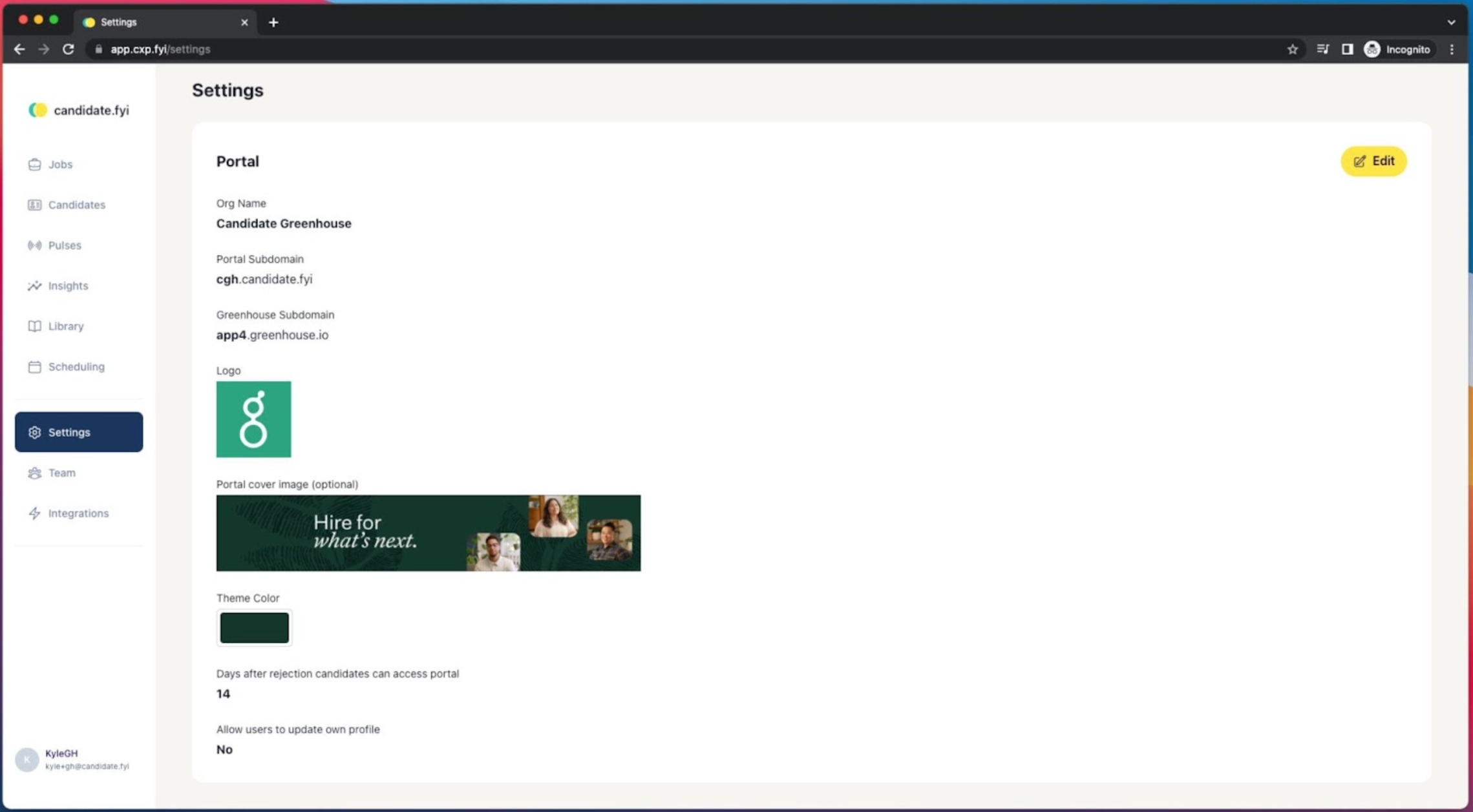 The candidate.fyi settings page shows portal settings with example Greenhouse logos and brand colors