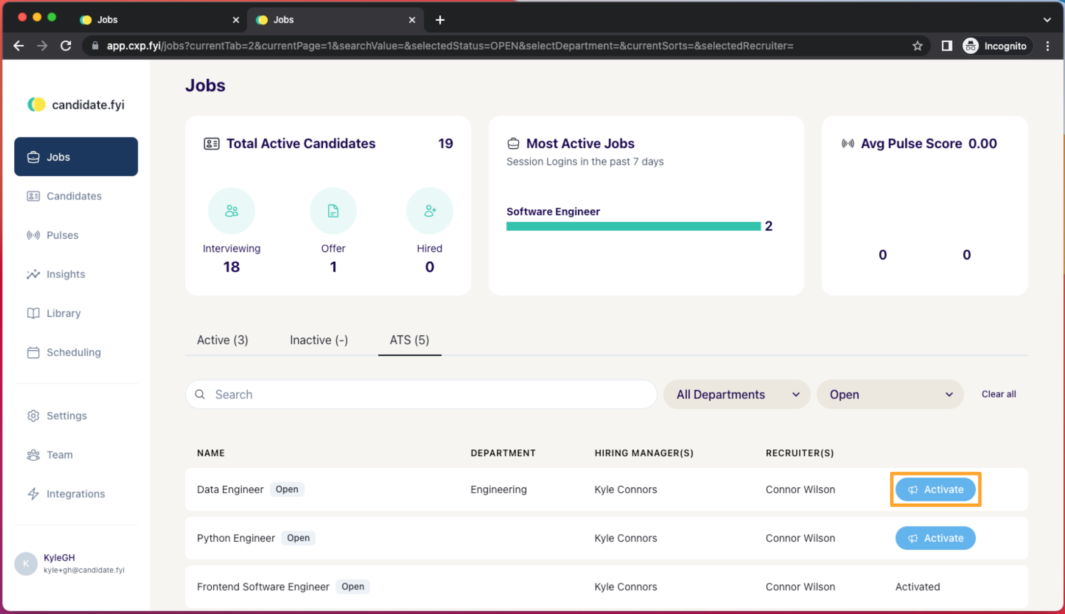 In candidates.fyi an example job named Data Engineer is shown with the Activate button highlighted at the right side