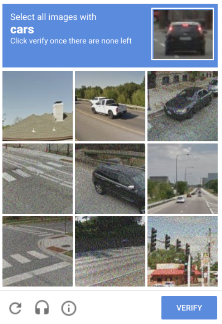 Image-based captcha asking the user to select all images that contain cars.png