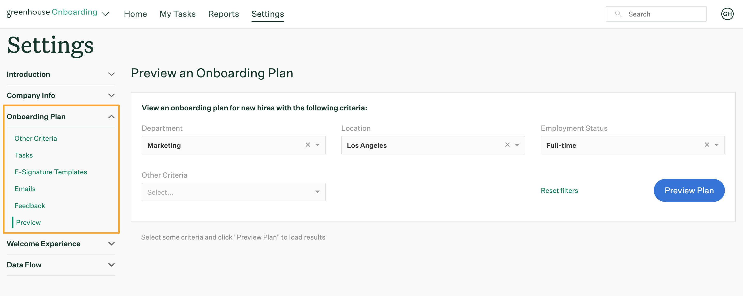 Greenhouse Onboarding Settings page with Onboarding Plan section opened and highlighted