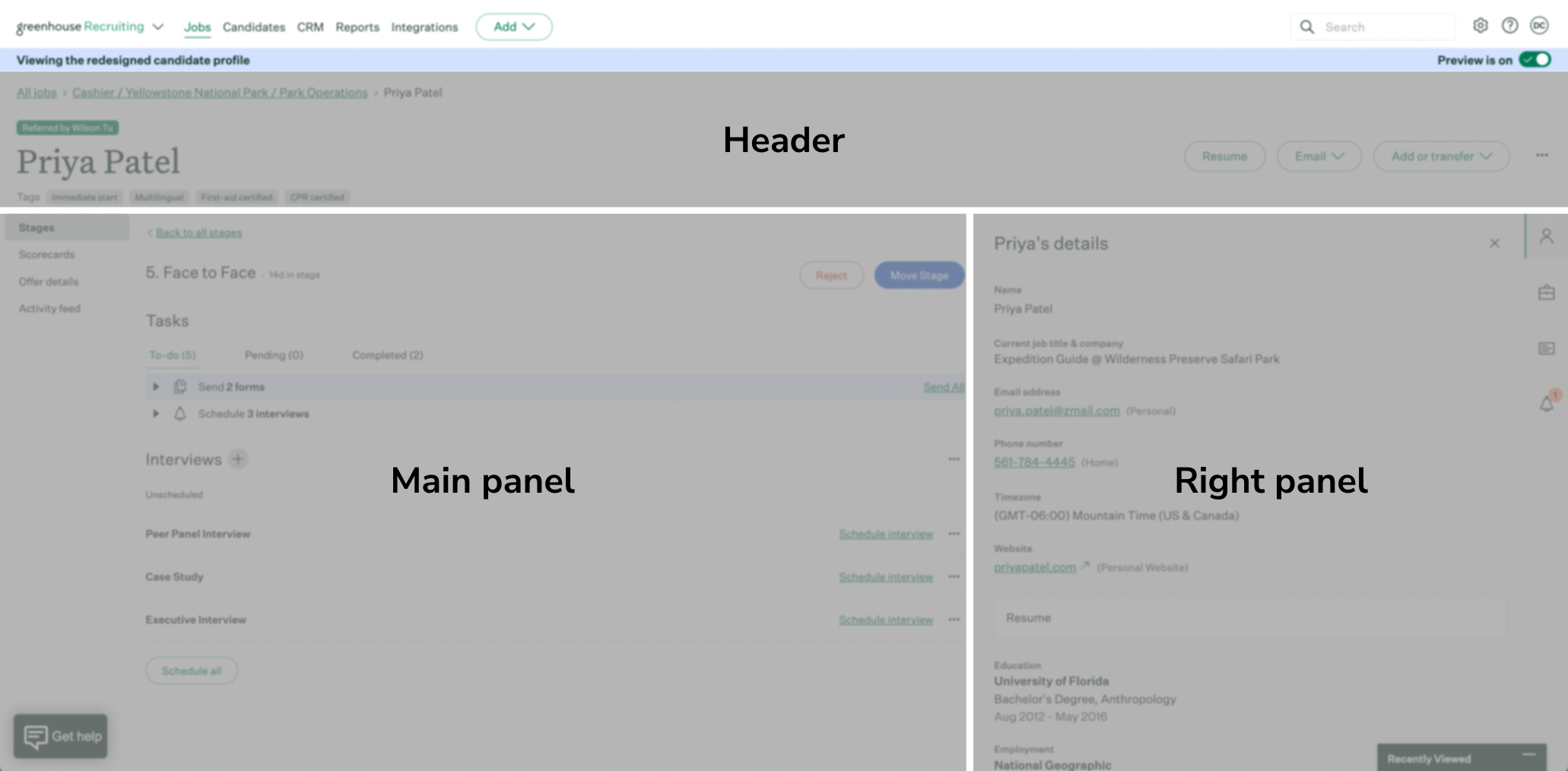 View of the new candidate profile split into the header main panel and right panel