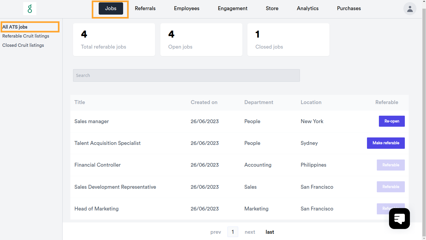 A list of example open jobs are shown in Cruit, imported from Greenhouse Recruiting