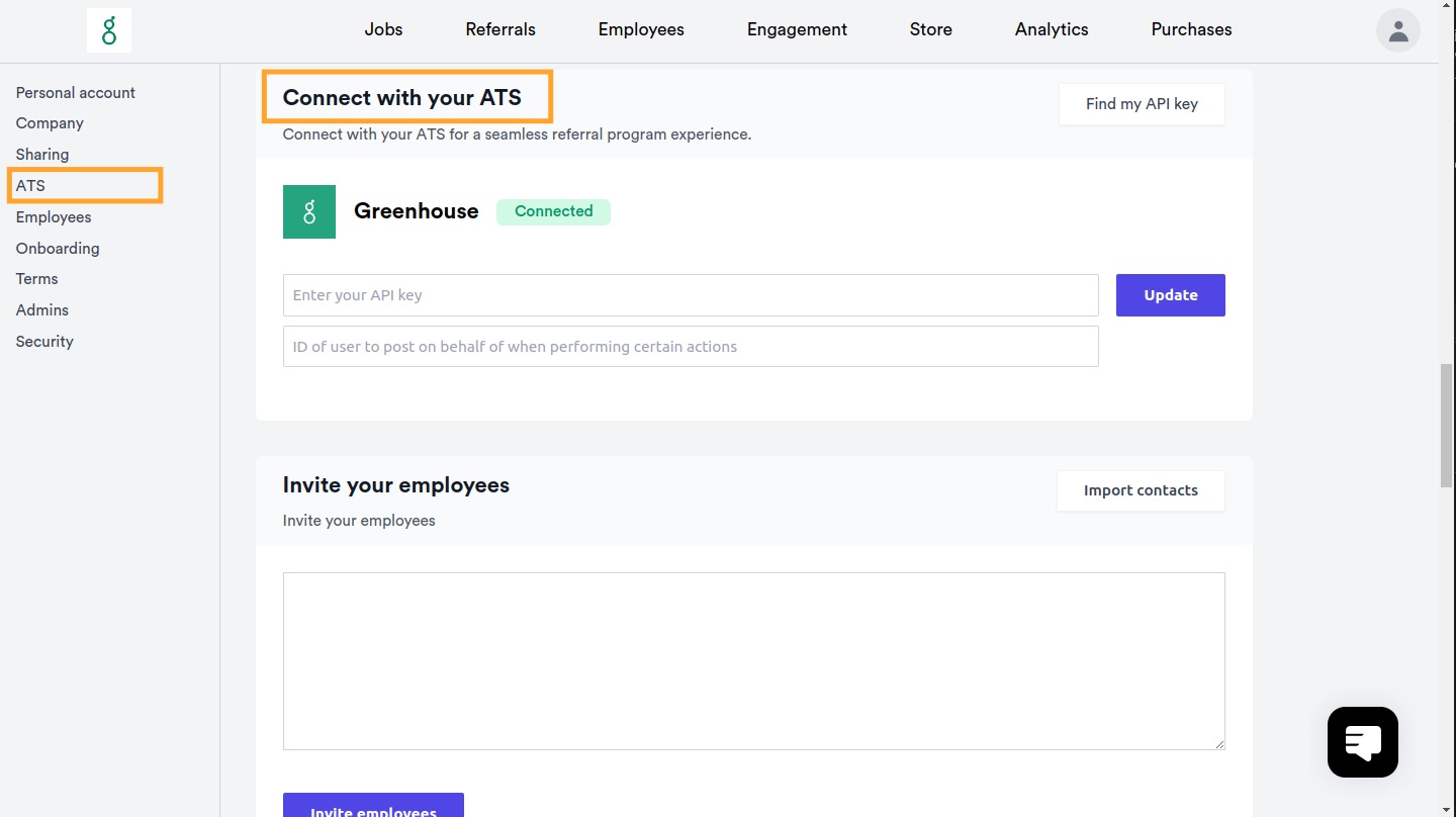 The Cruit platform shows the Connect with your ATS section with Greenhouse Recruiting highlighted in marigold