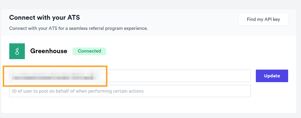 An example Harvest API key is entered and blurred out for data security purposes