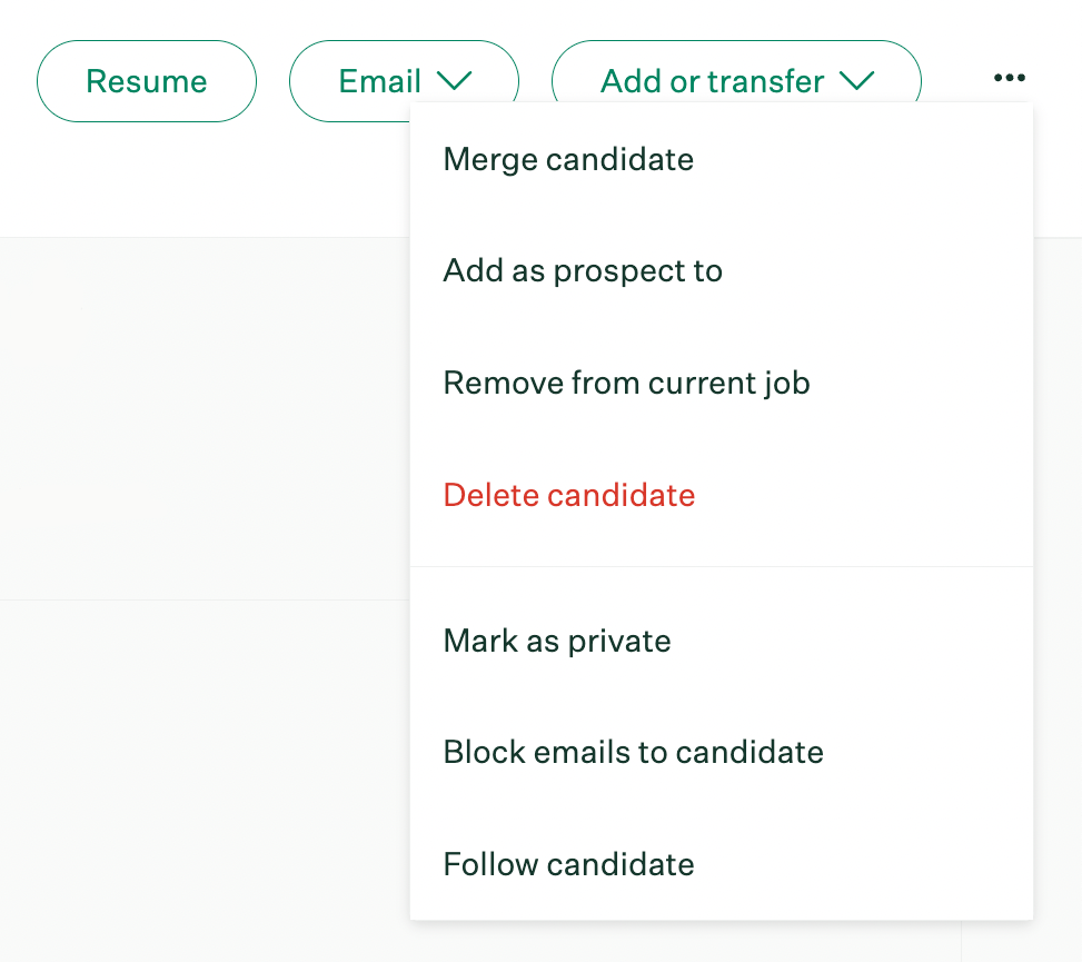 New candidate profile quick actions menu