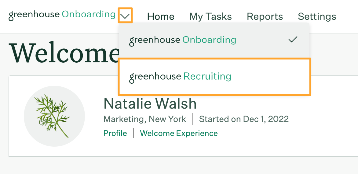 Dropdown_arrow_with_navigation_to_Greenhouse_Recruiting_highlighted_on_Greenhouse_Onboarding_homepage.png