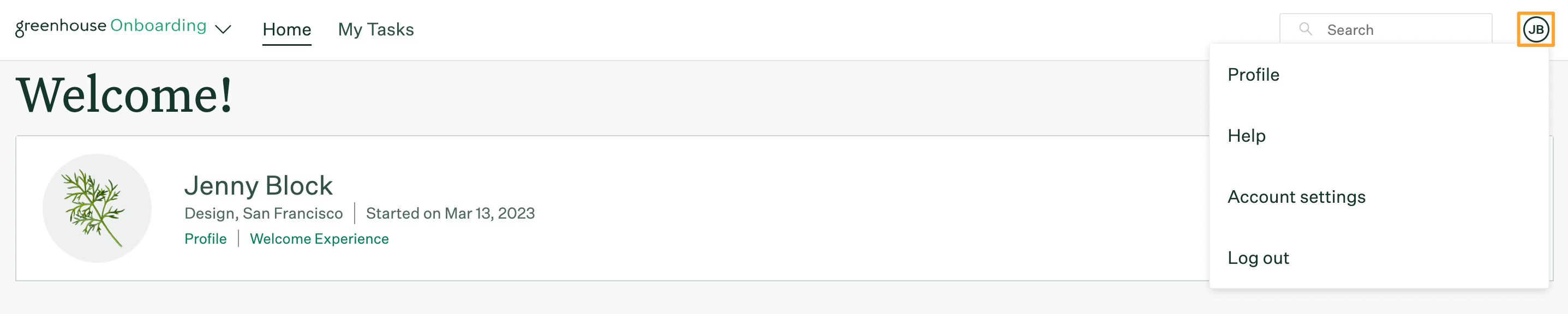 Manager homepage in Greenhouse Onboarding with intials and profile settings dropdown menu highlighted