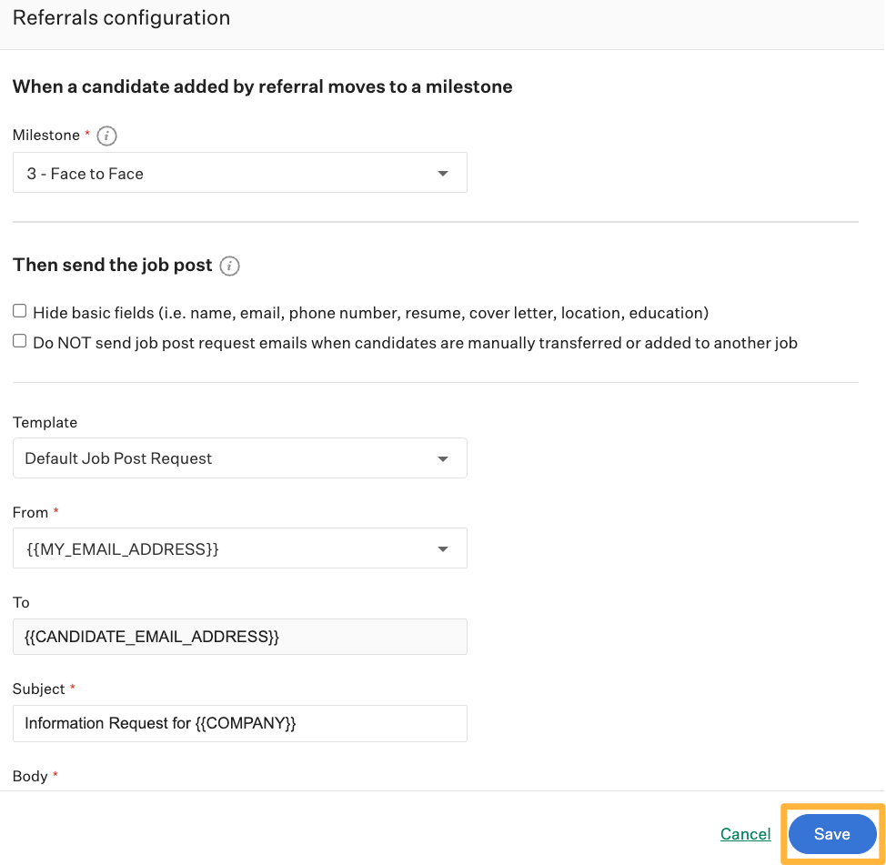 Job post request rule configuration page with an orange box around the Save button.png