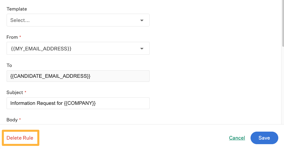 Job post request rule configuration page with an orange box around the Delete Rule button.png