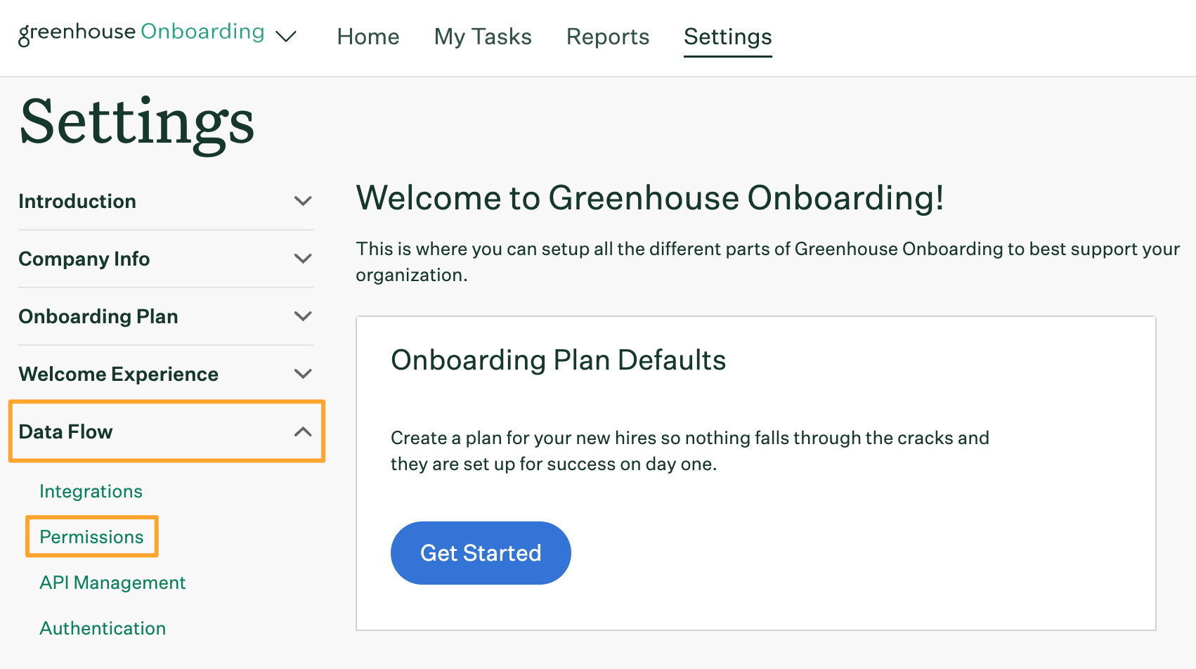 Greenhouse Onboarding Settings page with Data Flow and Permissions tabs highlighted