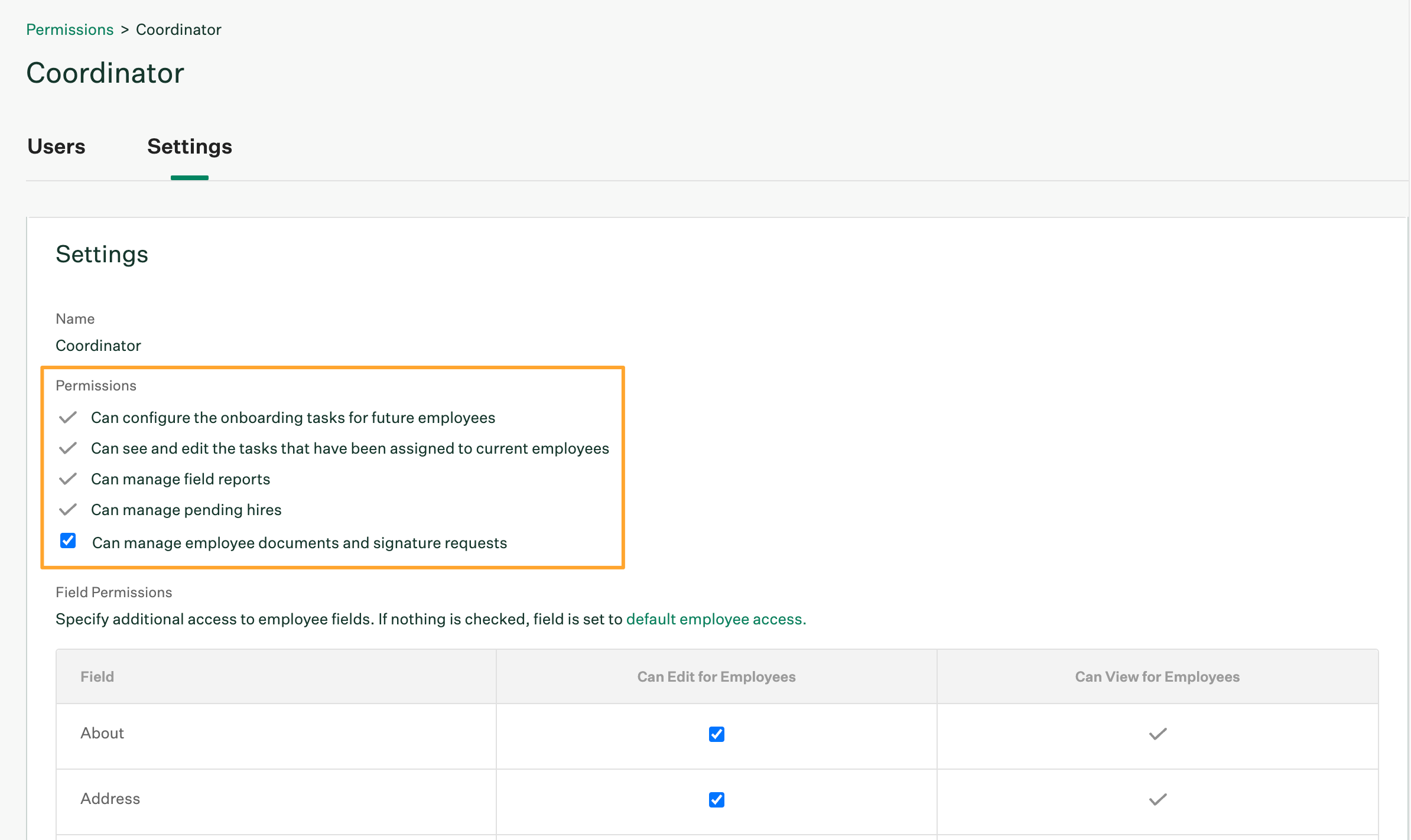 Coordinator role page in Greenhouse Onboarding with Settings tab opened and administrative permissions options highlighted