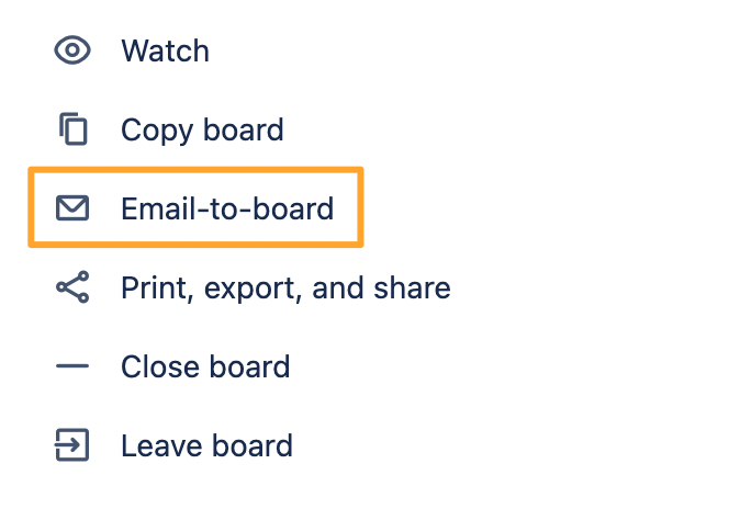 Trello menu with Email to board option highlighted
