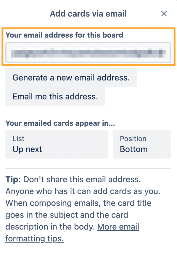 Trello menu for add cards via email with Your email address for this board highlighted