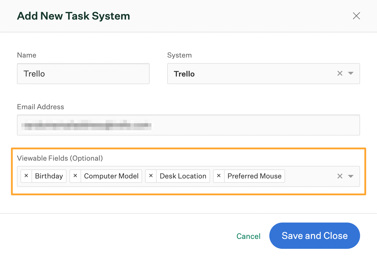 Add new task system window in Greenhouse Onboarding with Viewable Fields field filled out and highlighted