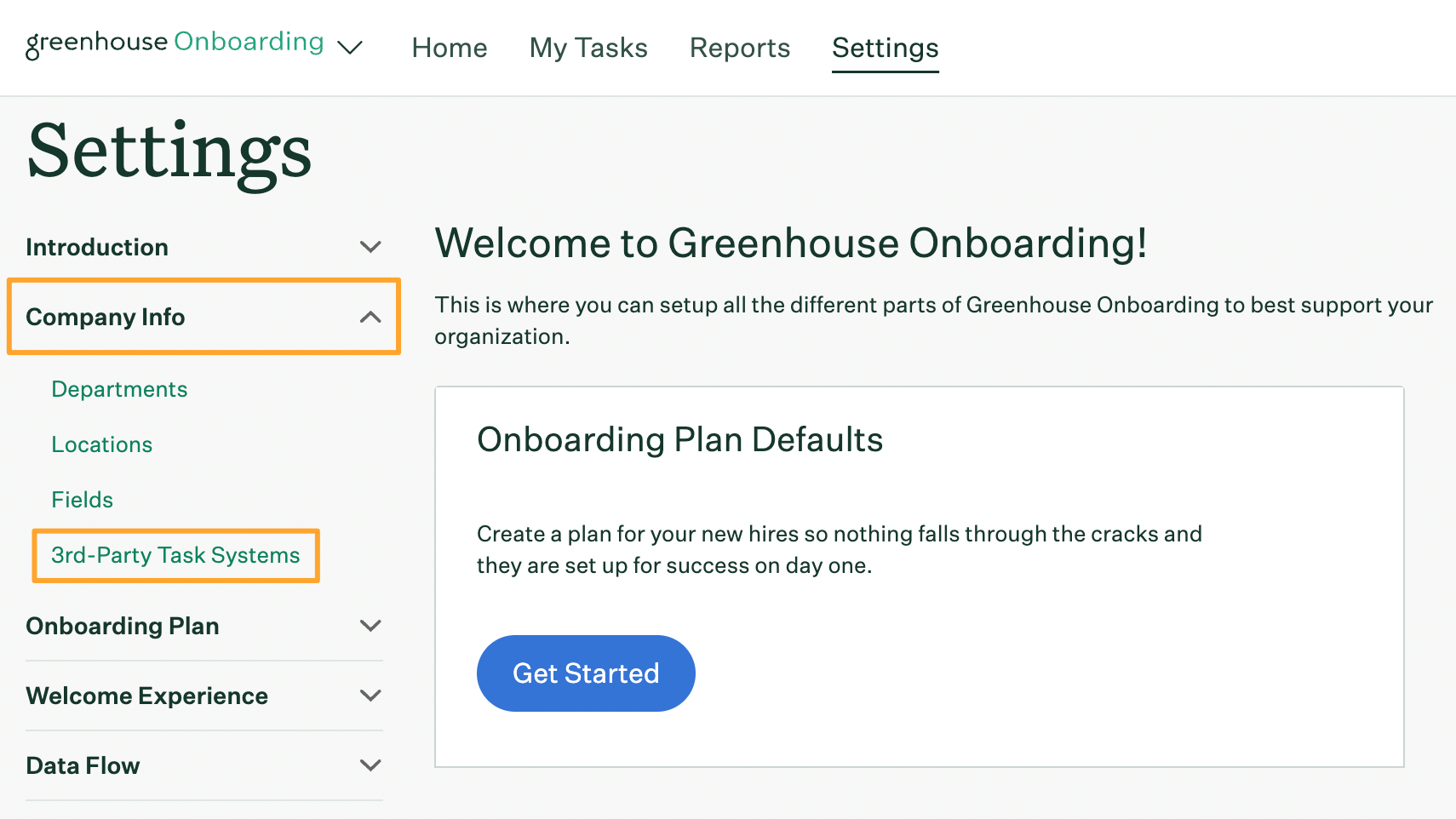 Greenhouse Onboarding Settings page with Company Info section expanded and 3rd party task systems tab highlighted