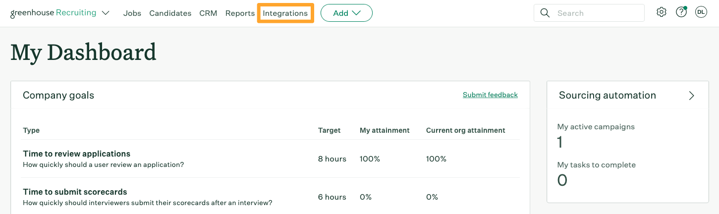 The Greenhouse Recruiting Dashboard shows Integrations highlighted in marigold on the navigation bar