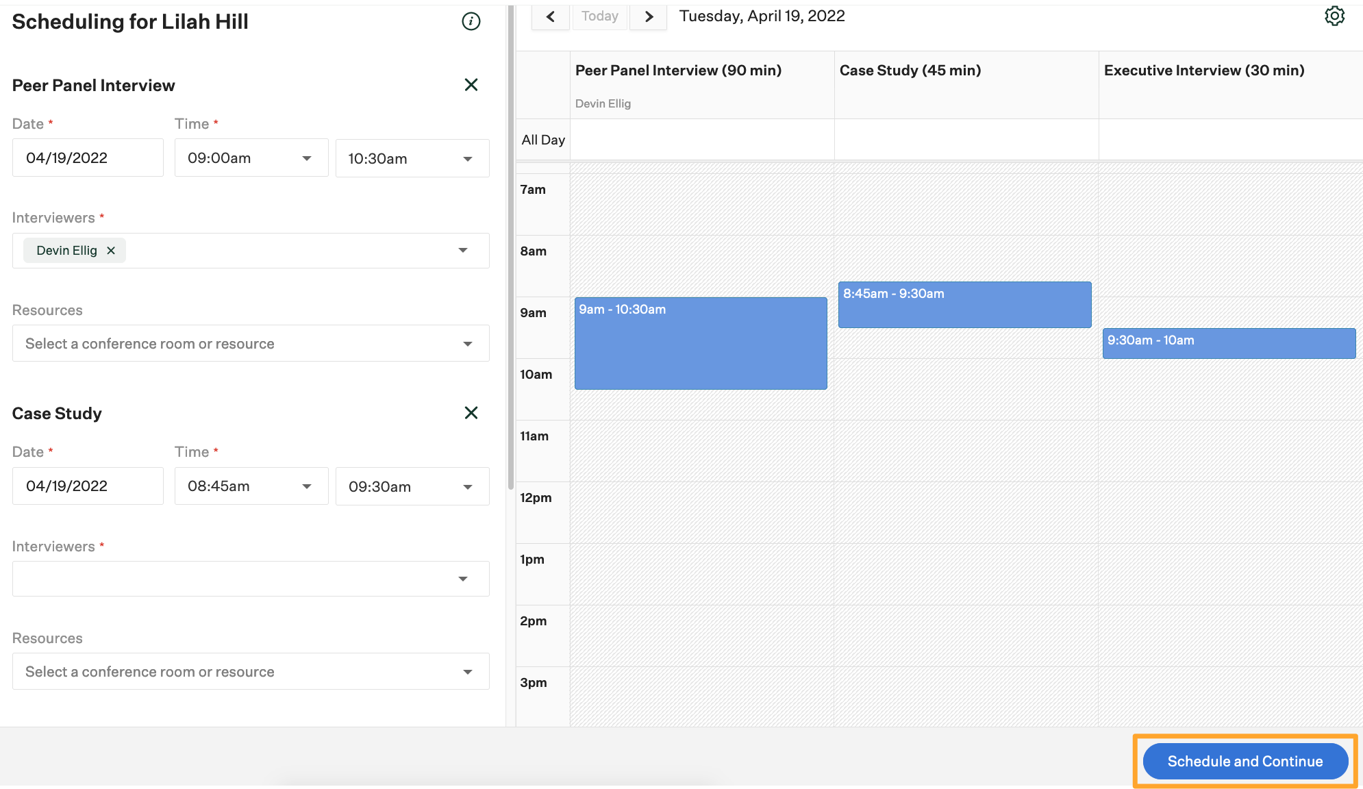 An example interview is shown with date, time, and interviewers selected and the Schedule and Continue button highlighted in marigold at the bottom