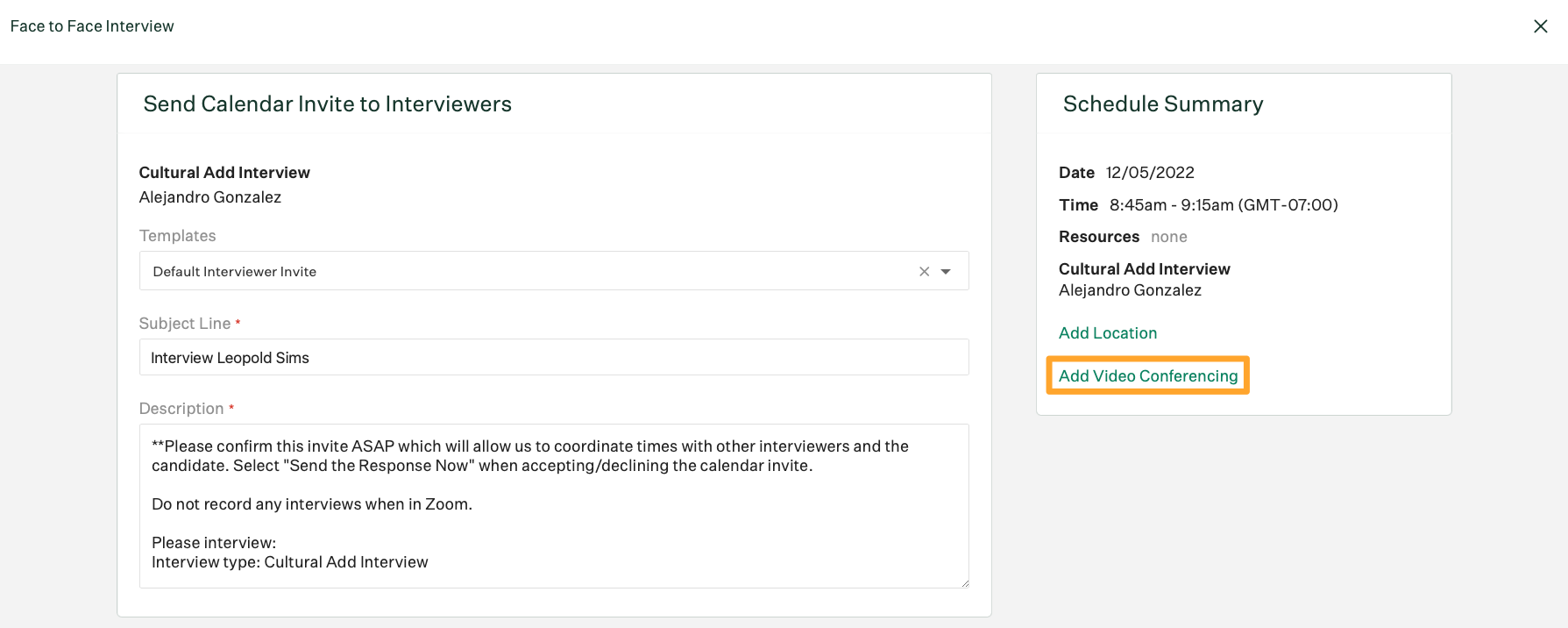 The scheduling confirmation page shows a marigold emphasis box highlighted the Add video interviewing button